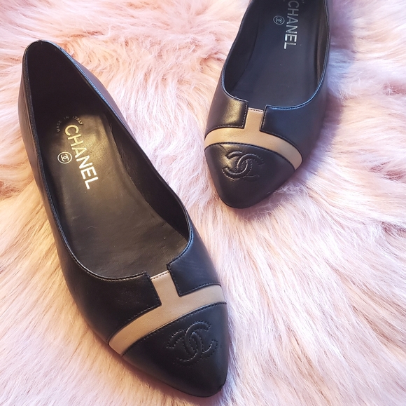 CHANEL Shoes - CHANEL Black and Tan Pointed Leather Flats
